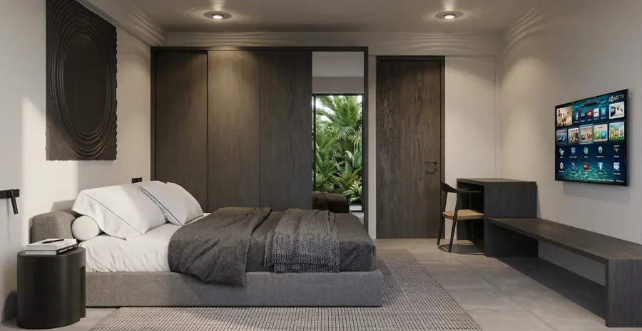Contemporary master bedroom suite with garden-facing window